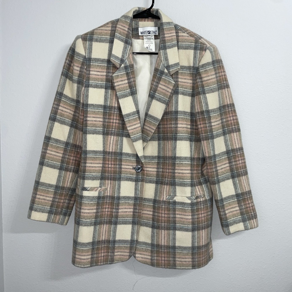 Vintage White Stag 70% Wool Blend Preppy Plaid Blazer Jacket Size 10